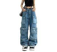Y2K Jean taille haute gothique baggy gothique cargo jambe droite punk pantalon ample streetwear, 46-bleu1, Taille L
