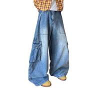 Y2K Jeans à coupe large décontractée rétro pour printemps et automne Pantalon hip hop urbain gothique avec plusieurs poches pour se promener dans la ville, bleu, L