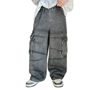 Y2K Jeans cargo pour garçon Taille élastique Pantalon baggy Denim Pantalon d'été décontracté ample délavé avec plusieurs poches, gris, 12-13 ans