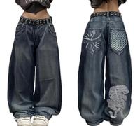 Y2k Jeans Femmes Hommes Hip hop Goth Street Jeans avec imprimé Squelette Vintage Taille Haute Denim Pantalon Large Street Wear (Couleur-1,S)