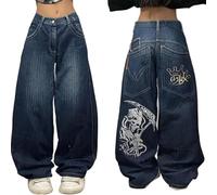 Y2k Jeans Femmes Hommes Hip hop Goth Street Jeans avec imprimé Squelette Vintage Taille Haute Denim Pantalon Large Street Wear (Couleur-4,M)