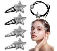 Y2K - Lot de 5 barrettes à cheveux pour femme - En forme d'étoile - Argentées et chouchou en forme d'étoile - Pour enfants, filles et femmes - Argenté