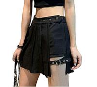 Y2k Mini jupe Harajuku gothique punk avec ceinture poche avant A-Line gothique plissée Taille haute - Noir - 44