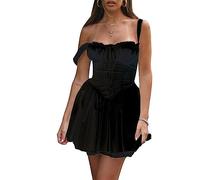 Y2K Mini robe corset sans manches pour femme - Bretelles spaghetti - Robe courte moulante - Robe d'été élégante - Coupe basse - En dentelle, Noir , S
