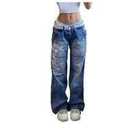 Y2K Pantalon en denim baggy pour femme Style coréen Harajuku Hot Mom Denim Jeans Grunge Vintage Skinny Flare Pants 20s Retro Cargo Pants Vintage Streetwear Boyfriend Pants, A bleu, S