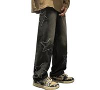 Y2k Star Jeans Taille Haute Hip Hop Streetwear Ample Ample Broderie esthétique Harajuku Denim Pants, Noir, Taille XL