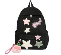 Y2K Stars Sac à dos mignon étoiles patchwork broderie Y2k Design tendance coloré sac à livres avec peluches pour écolière adolescente femme, Noir , 11.81*5.51*15.35inch, Y2K