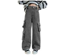Y2K Streatwear Jean baggy pour fille et enfant - Coupe ample - Taille élastique - Pantalon cargo - Jambes larges - Pantalon de relaxation - Jean à enfiler - Avec poche, 04 gris., 160