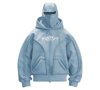 Y2K Sweat à capuche en coton pour homme avec fermeture éclair et poche - Veste de transition chaude et ample - Avec masque facial - Cagoule - Veste d'hiver confortable, bleu, XL