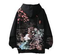 Y2K Sweat à capuche japonais Harajuku pour homme et femme - Temple Sakura coréen à manches longues en polaire épaisse, noir, Large