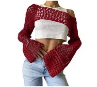 Y2K T-shirt à manches longues pour femme Crop Top Uni à une épaule Crochet Creux Pull Cover Up Tricot Pull transparent Bikini Cover Ups, rouge, XL