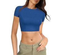 Y2K T-shirt décontracté pour femme Coupe ajustée Col rond Basic Top Y2K Crop T E-Girls Streetwear, bleu foncé, S
