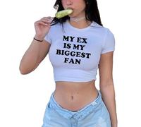 Y2k T-shirt pour bébé pour femme avec lettres mignonnes graphiques - Haut court sexy à manches courtes - Coupe ajustée - T-shirt grunge E Girl Going Out, My Ex is My Biggest Fan Blanc, Taille M