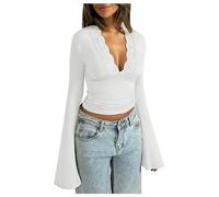 Y2K Top Femme Dentelle- Haut Sexy Femme Col V Profond,Tunique Chic Et ÉLéGant Manche Longue T Shirt Court Moulant Slim Fit ÉPissage Chemise DéContractéS Tendance pour FêTe SoiréE Party Clubwear