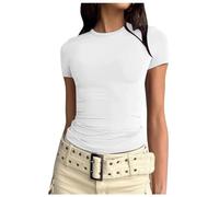 Y2K Top Femme Moulant- Haut Sexy à Manches Courtes,Tee Shirt Femme Col Rond Ajusté Slim Fit Tunique Chic Eté Douces Confortables Pas Cher Chemise Base Couleur Pure Pullover élastique Blouse
