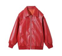 Y2K Veste oversize vintage pour femme en cuir synthétique avec revers style cyber punk et manches longues avec poches, Rouge, Small