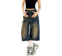 Y2K Vintage Baggy Jeans Femme Lavé Jambes Larges Pantalons Pantalons Casual Denim Shorts Surdimensionnés Jorts Taille Haute Longueur Genou Bermuda Coupe ample Harajuku Jeans Streetwear, Q Bleu marine
