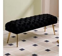 Ya-Home Banquette en Velours Bout de Lit avec Pieds en Métal Doré, Noir | Banc Entrée Vintage avec Coussin Tressé, Banc Ottoman pour Chambre / Salon / Entrée, 120cm
