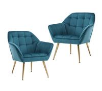 Ya-Home Fauteuil de Salon Lot de 2 avec Pieds en Métal Doré Chaise de Salon en Velours Moderne Fauteuil Rembourré pour Chambre, Bleu