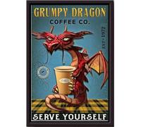 YAASIMOULE Affiche « Grumpy Dragon And Coffee Co. Servez-vous » - Décoration murale animalière - Cadeau pour amoureux - Contes de fées - Décoration intérieure - Café - Impression sur toile mate