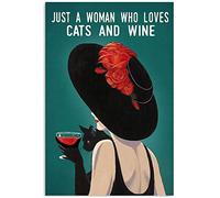 YAASIMOULE Affiche « Juste une femme qui aime le chat et vin » rose rouge chapeau noir boire du vin fille dos art mural décoration d'intérieur