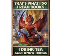 YAASIMOULE Affiche murale, décoration d'intérieur, dragon, rétro, livre, thé, c'est ce que je fais, je lis des livres, je bois du thé et je sais des choses verticales
