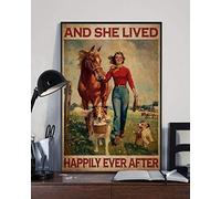 YAASIMOULE Affiche murale décoration d'intérieur : une fille avec un cheval et chien elle vécut heureuse pour toujours portrait blanc