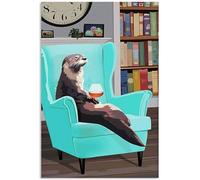 YAASIMOULE Affiche représentant une loutre buvant du vin assise sur un fauteuil bleu turquoise animal mignon vintage art mural décoration d'intérieur ANP237