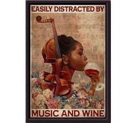 YAASIMOULE Afro Violin Facilement distraite par la musique et le vin, affiche de fleurs encadrée sur toile mate
