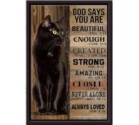 YAASIMOULE Chat noir Dieu dit que tu es belle, créée forte, jamais seule, toujours aimée. Affiche encadrée sur toile mate.