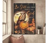 YAASIMOULE Jésus Halloween avec hibou et citrouilles Soyez tranquille et sachez que je suis Dieu Portrait Impression sur toile Art mural