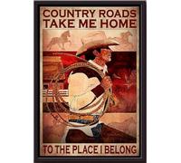 YAASIMOULE Les routes de campagne me ramènent chez moi, à l'endroit où j'appartiens. Affiche de cowboy encadrée sur toile mate.