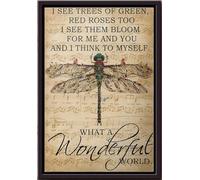 YAASIMOULE Libellule, je vois des arbres verts, des roses rouges aussi, elles fleurissent pour moi et tu penses à moi-même. Affiche encadrée sur toile mate.