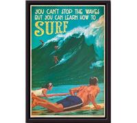 YAASIMOULE On ne peut pas arrêter les vagues, mais on peut apprendre à surfer. Affiche d'art sur le surf, encadrée, sur toile mate.