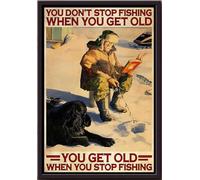 YAASIMOULE Pêche sur glace avec un chien - Affiche encadrée sur toile mate « On vieillit quand on arrête »