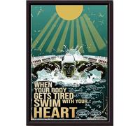 YAASIMOULE Quand ton corps est fatigué, nage avec cœur. Affiche de natation vintage encadrée sur toile mate.