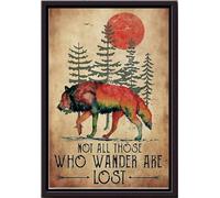 YAASIMOULE Tous ceux qui errent ne sont pas perdus. Loup dans la forêt, Ciel de lune rouge, Affiche encadrée sur toile mate