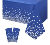 YAAVAAW 2 pièces 137 * 274cm Bleu Foncé et Argent Points Nappes Jetable,Rectangulaire Imperméables Nappe Plastique Décoration de Table pour Anniversaire,Fêtes,Mariages,Pique-niques,Halloween,Noël