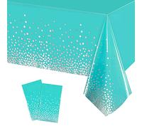YAAVAAW 2 pièces 137 * 274cm Lac Bleu et Argent Points Nappes Jetable,Rectangulaire Imperméables Nappe Plastique Décoration de Table pour Anniversaire,Fêtes,Mariages,Pique-niques,Halloween,Noël