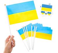 YAAVAAW Lot de 10 petits drapeaux de l'Ukraine sur bâtons et 2 tatouages temporaires, mini drapeaux de l'Ukraine sur bâtons tenus à la main pour Euro Football 2024 Jeux Olympiques événements sportifs