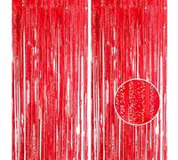 YAAVAAW Lot de 2 rideaux à franges en feuille d'aluminium rouge pailleté - 1 x 2,5 m - Pour décoration de fête d'anniversaire, remise de diplôme scolaire, enterrement de vie de jeune fille, Noël, fête