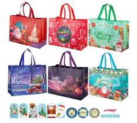 YAAVAAW Lot de 6 sacs de Noël réutilisables de grande taille et moyenne avec poignée, sac d'emballage de cadeaux de Noël, sacs cadeaux de fête pour enfants et adultes avec étiquettes