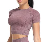 Yaavii T-shirt de course à manches longues pour femme - Coupe ample - Manches longues - Crop Top Fitness, #2 Bordeaux - Manches courtes, M