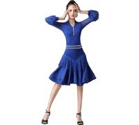 Yaaxinb Glands Danse Latine compétition Robe pour Femmes Frange Manches Longues Valse cha cha Salsa Pratique Jupe avec Ceinture,Bleu,XXL