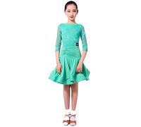 Yaaxinb Robe de Danse Latine en Dentelle pour Filles, Manches mi-Longues, Tenue Professionnelle pour Tango, Salsa, Rumba et Samba,Vert,M