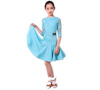 Yaaxinb Robe de Danse Latine en Dentelle pour Filles, Manches mi-Longues, Tenue Professionnelle pour Tango, Salsa, Rumba et Samba,Bleu,M