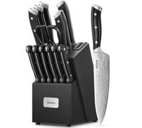 Yabano Couteau Cuisine, 14 pièces Bloc de Couteaux avec Affûteur Intégré, Professionnels Set Couteau Cuisine en Acier Inoxydable, Noir