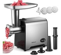 Yabano Hachoir à viande électrique 3 en 1 en acier inoxydable avec remplisseur de saucisses, 3 plaques de ponçage, embout cube et tubes de remplissage de saucisses pour la maison et la cuisine