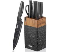 Yabano Set Couteaux Cuisine 7 Pièces avec Bloc et Aiguiseur Intégré, Bloc de Couteaux de Cuisine en Plastique, Lames en Acier Inoxydable Ultra-Tranchantes, Revêtement et Antirouille (Tacheté)