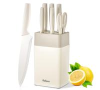 Yabano Set Couteaux Cuisine 7 Pièces avec Bloc et Aiguiseur Intégré, Bloc de Couteaux de Cuisine en Plastique, Lames en Acier Inoxydable Ultra-Tranchantes, Revêtement et Antirouille (Blanc)